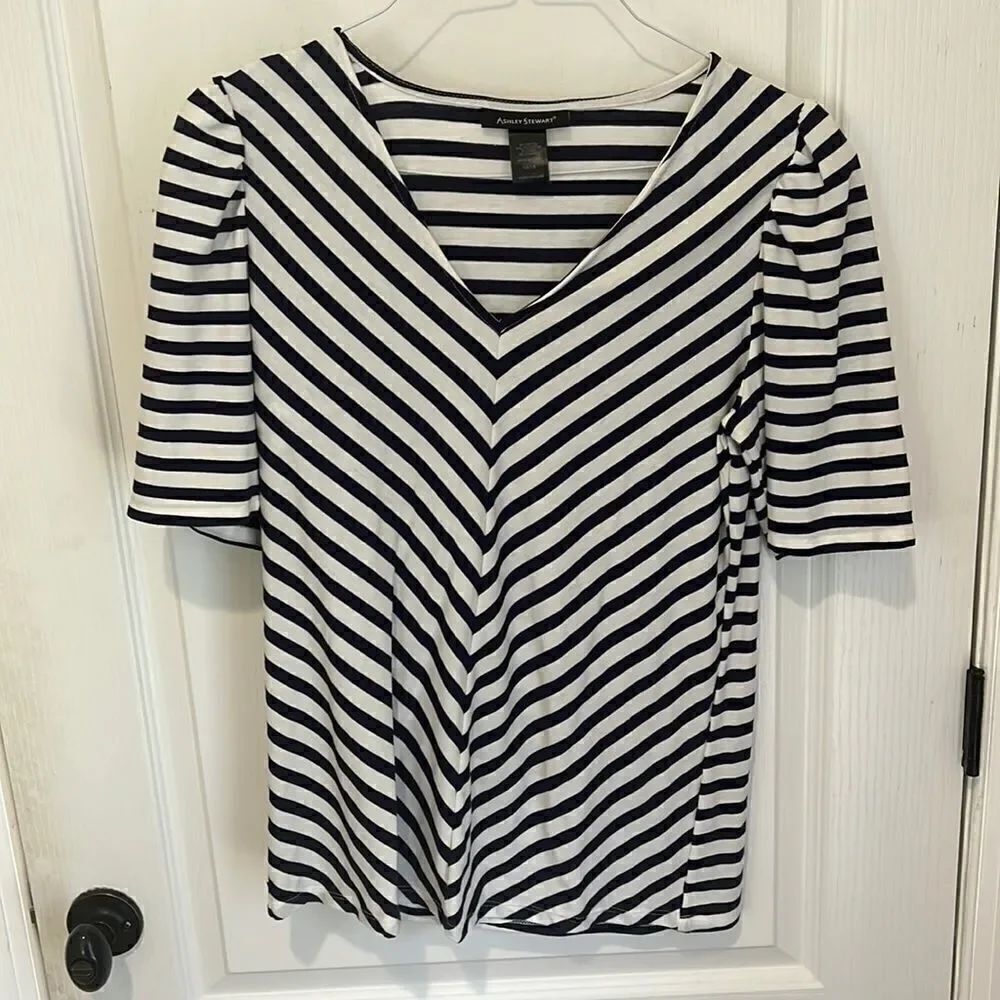 Ashley Stewart navy and white striped shirt sleeve top
